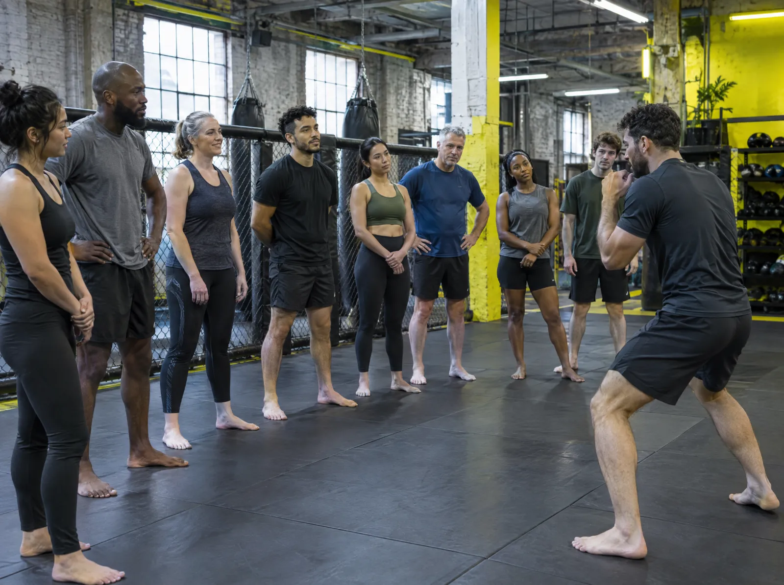 A beginner class lines up and listens to the coach.