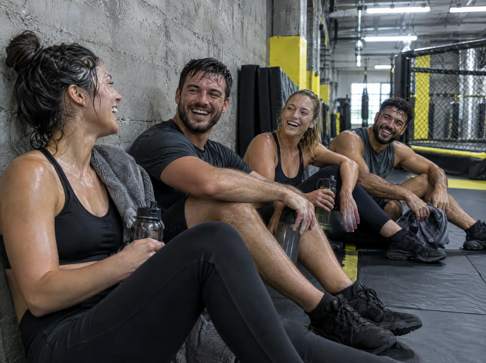 Water break, laughing against the wall.