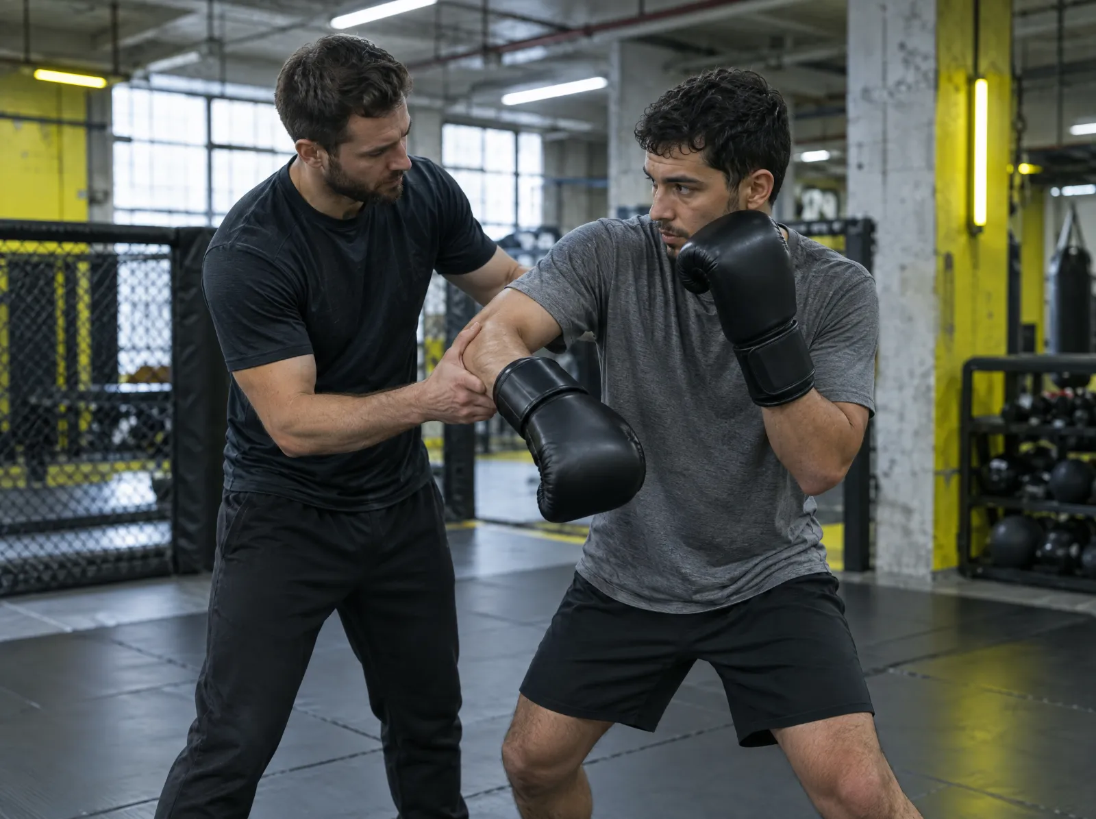 A coach adjusts a beginner's boxing stance, guiding his elbow.