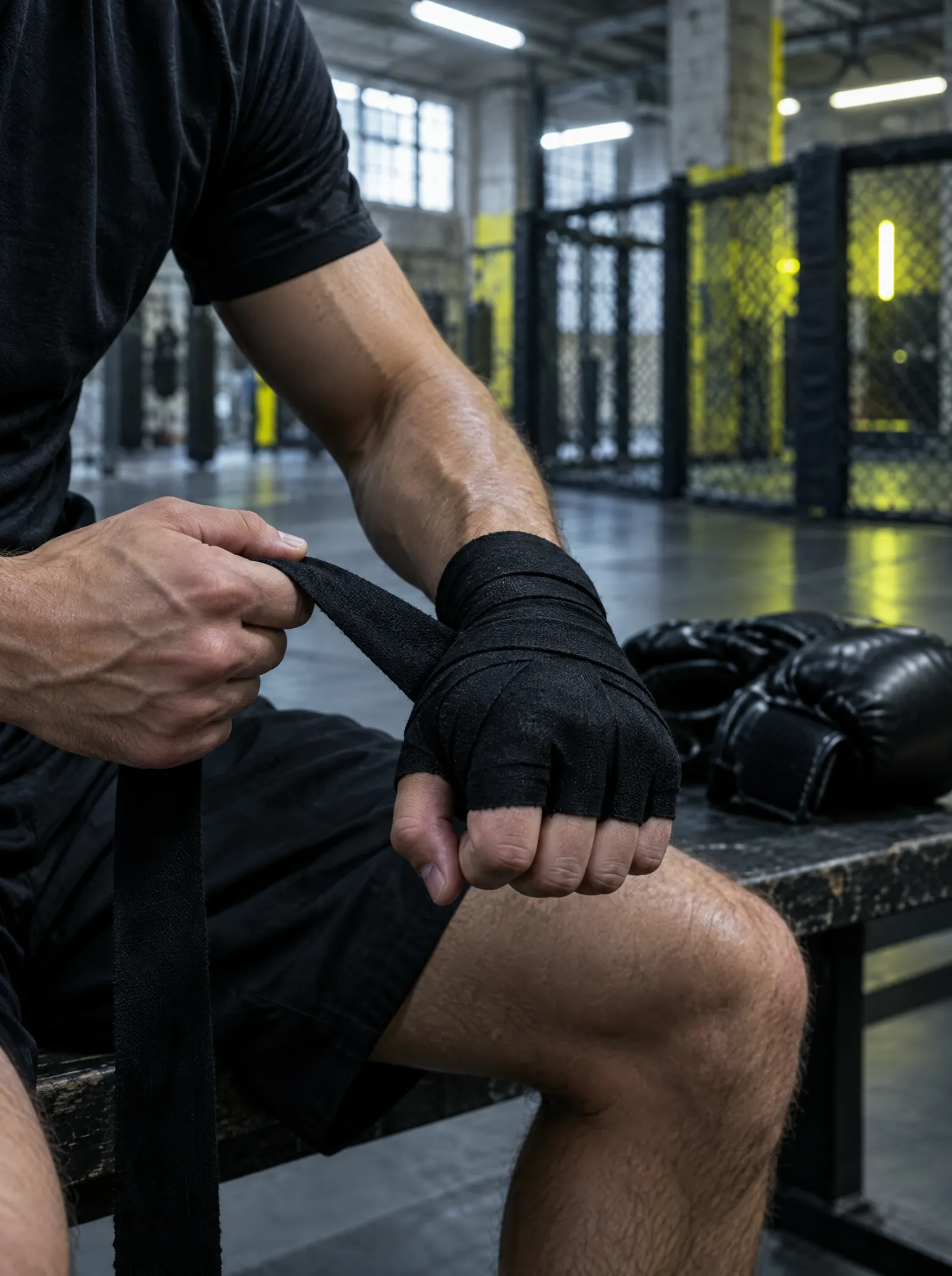 Wrapping hands before training.