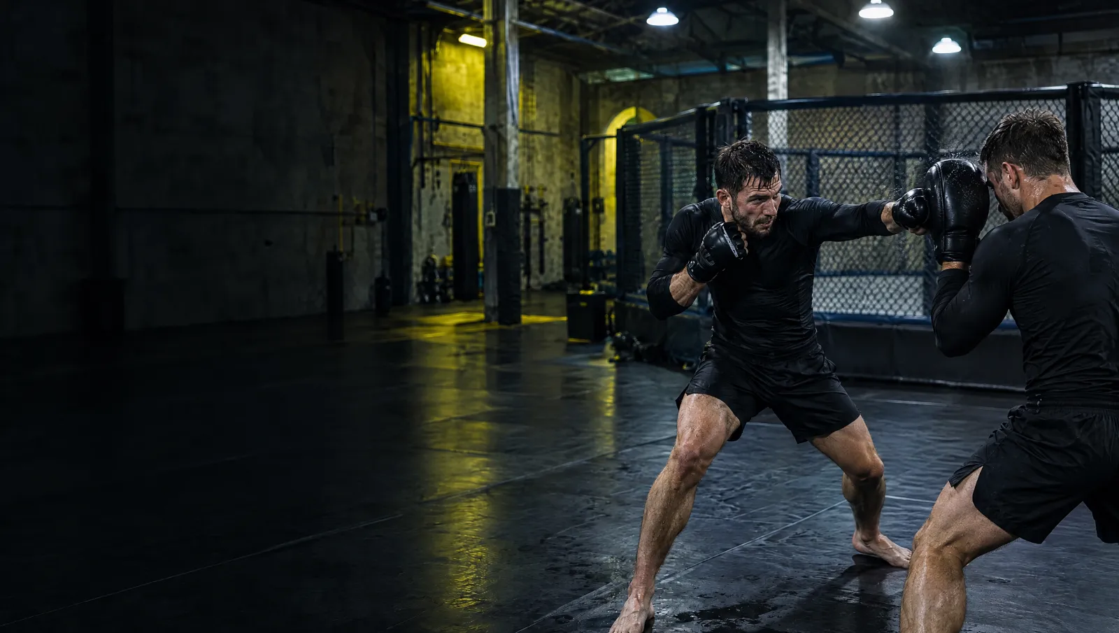 Two fighters doing pad work in a warehouse gym: one throws a straight punch into a focus mitt held by his partner.