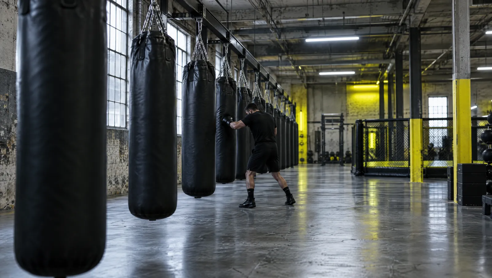 A row of heavy bags hanging from the beams.
