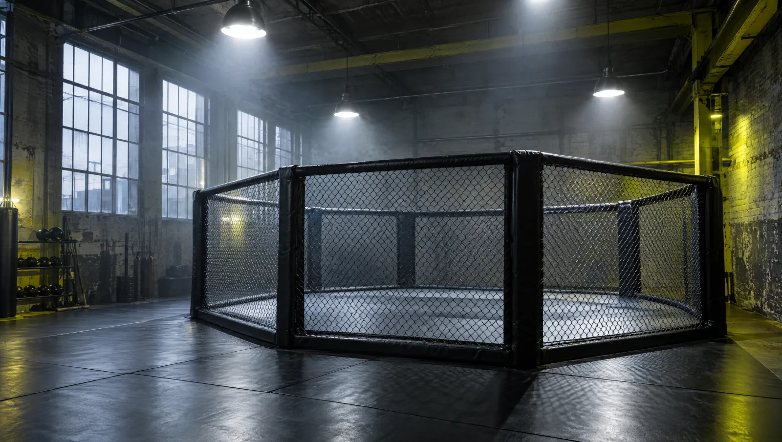 The full-size cage in the corner of the gym under hanging lights.