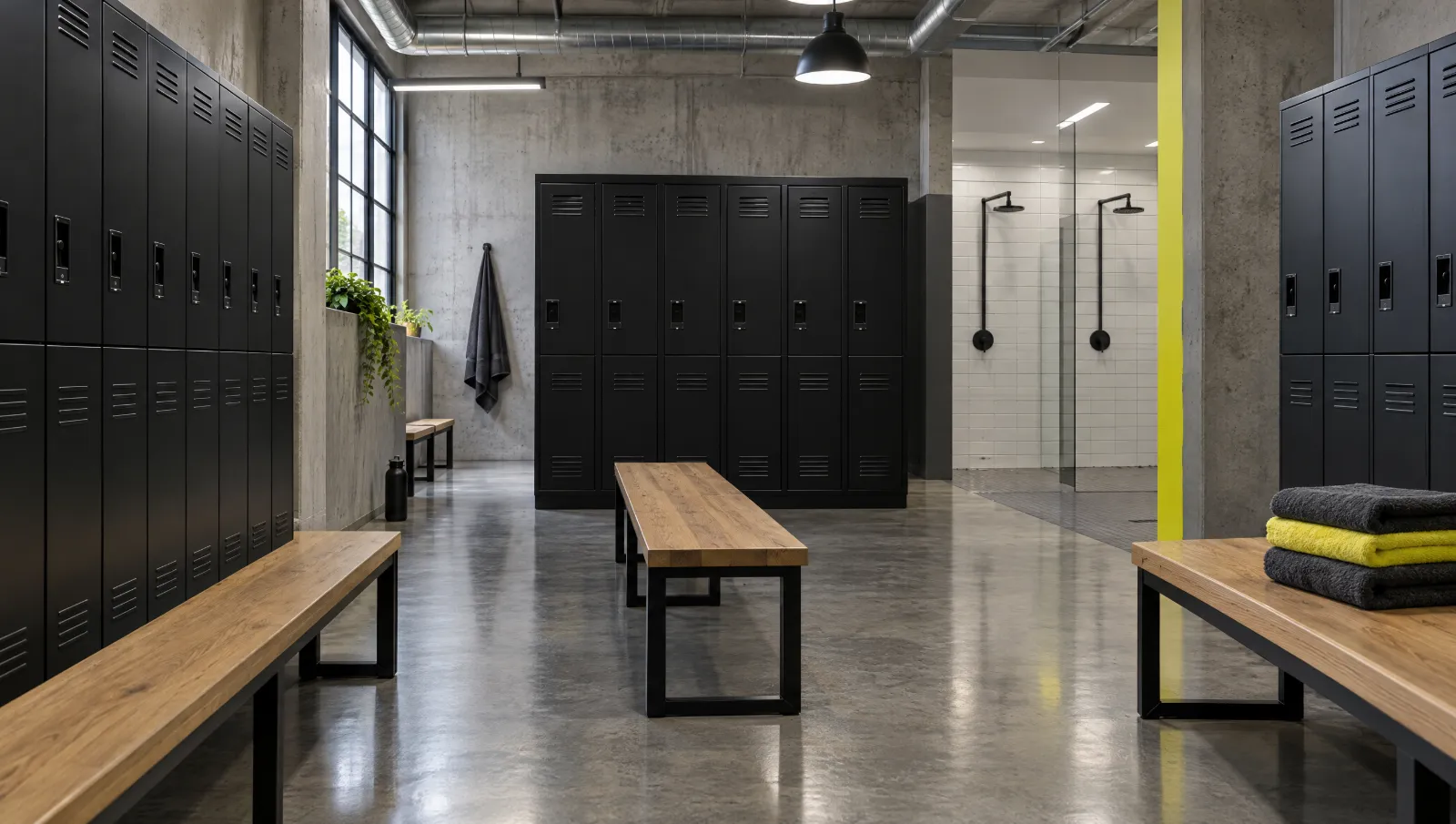 The locker room with benches and showers.