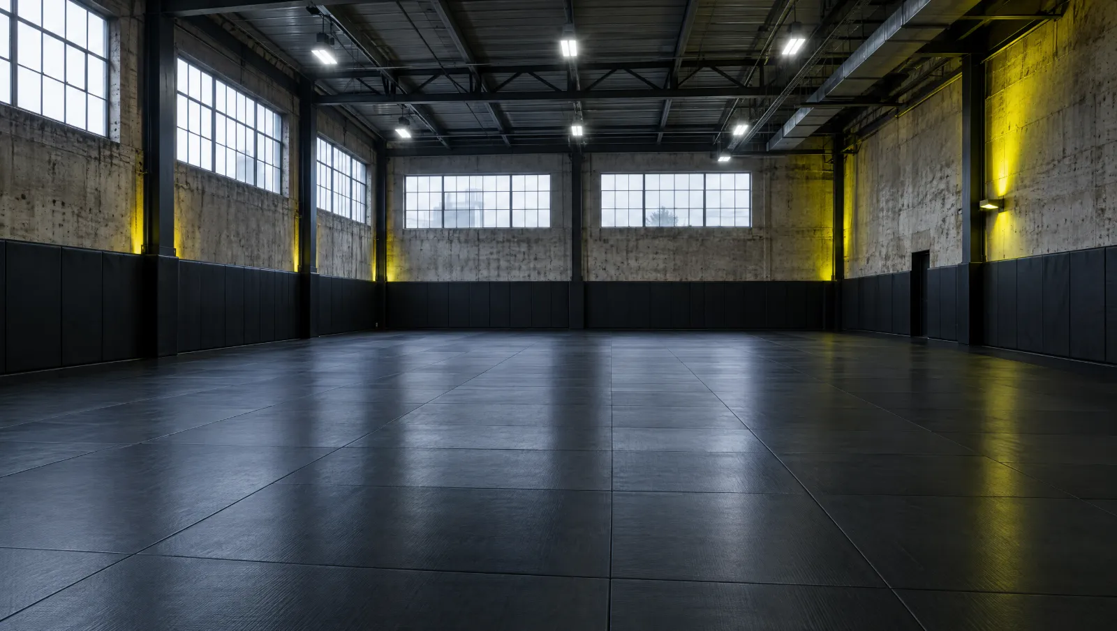 A huge empty mat room under industrial lights.